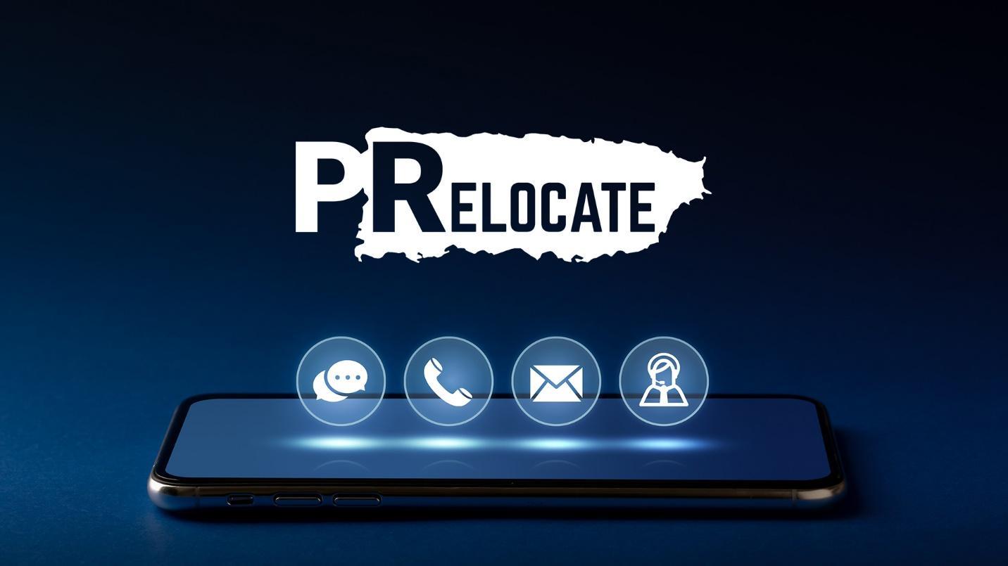 Media icons and the PRelocate logo hover above a smartphone in a section about how PRelocate can help those who are interested in becoming residents of Puerto Rico.