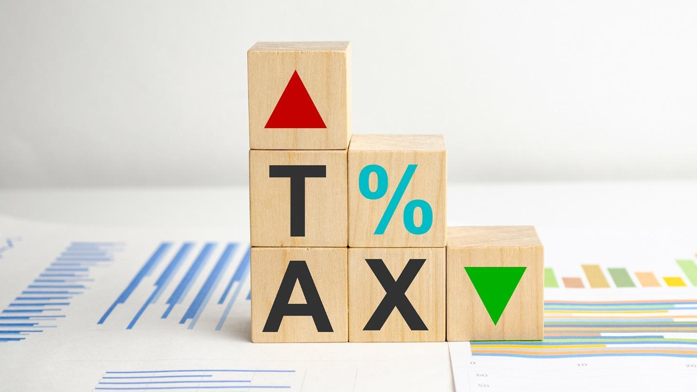 Wooden blocks spell out the word “tax” and depict other symbols beside bar charts in a section that defines offshore tax haven and lays out the tax benefits available in some places.
