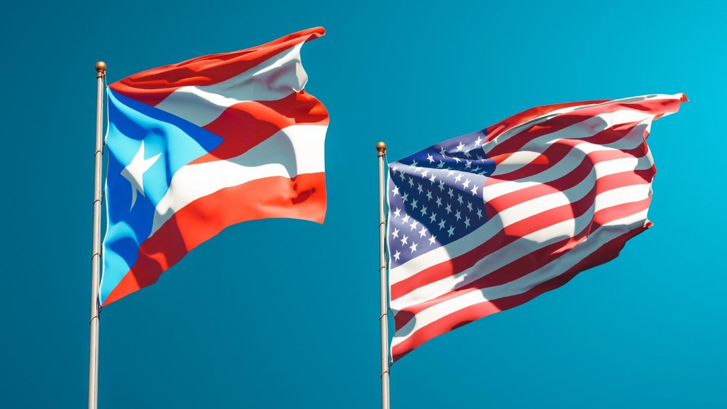 Flags of the United States and Puerto Rico against a blue background in a section describing U.S. and Puerto Rico government tax policies.