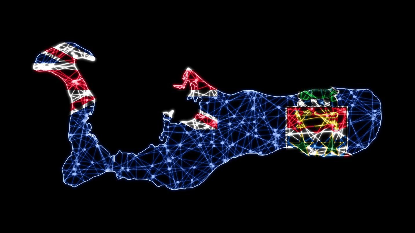 Crisscrossing red, white, and blue lines illuminate an island in a section about the Cayman Islands, a renowned offshore tax haven.