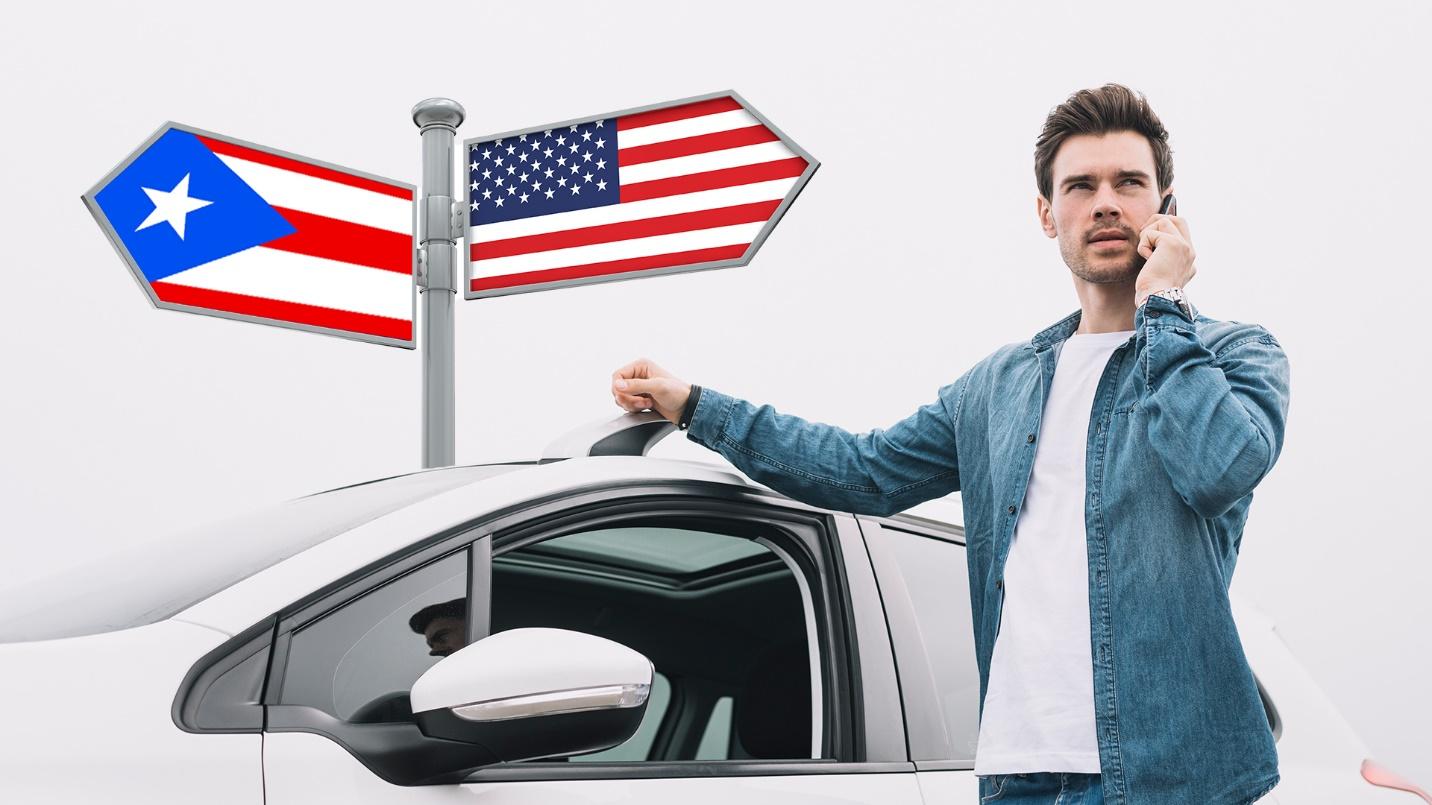 A man with a phone stands by a car and signs depicting U.S. and Puerto Rico flags in a section about Puerto Rican driver’s licenses for U.S. citizens.