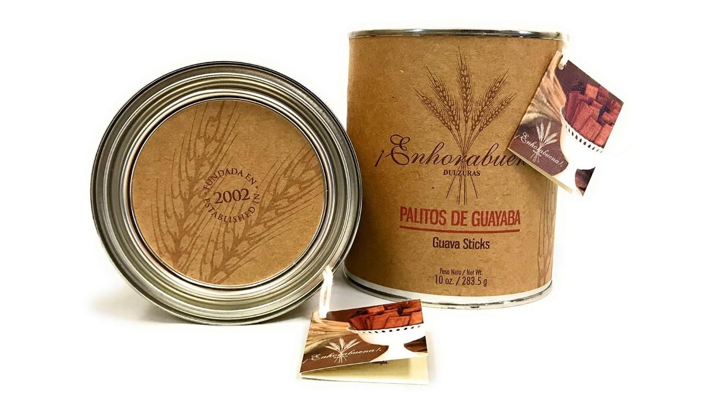 A container of guava sticks in a section about the sweet treats at Puerto Rican bakery Enhorabuena.
