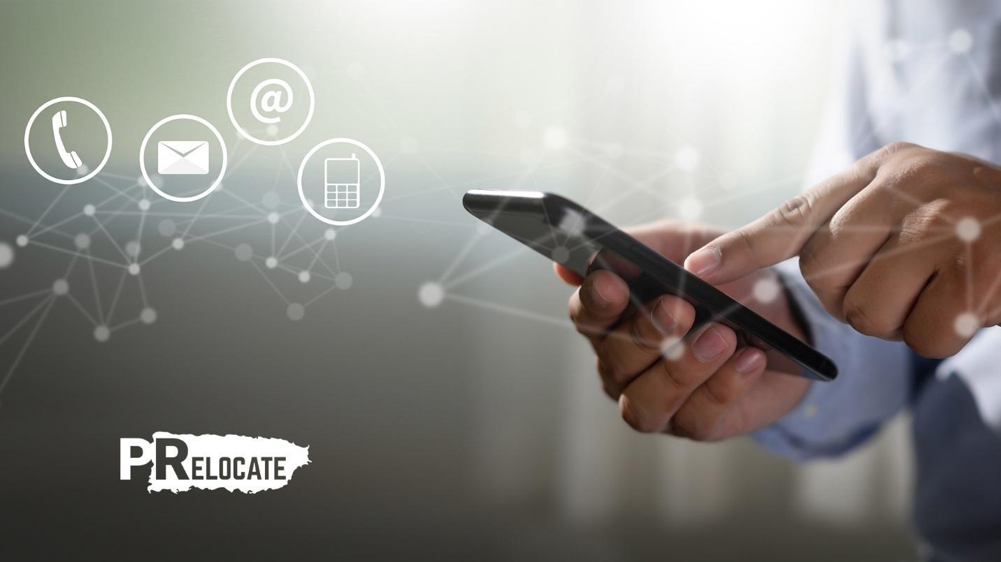 Technology-related buttons and geometric figures appear next to a person holding a smartphone in a section indicating that PRelocate can assist you with its virtual mailbox service.
