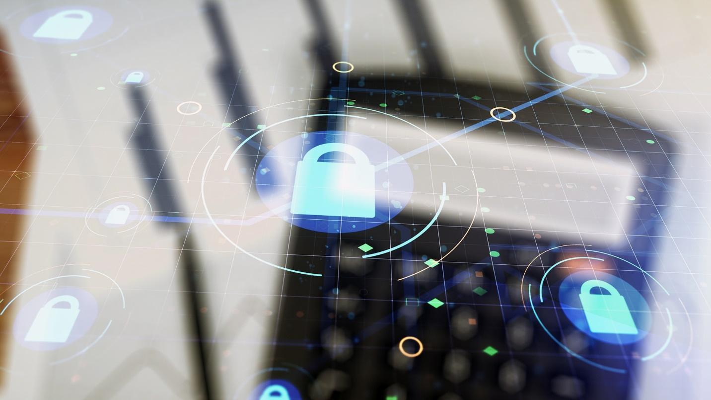 A digital display of locks and geometric figures in a section on the privacy benefits of using a virtual mailbox.
