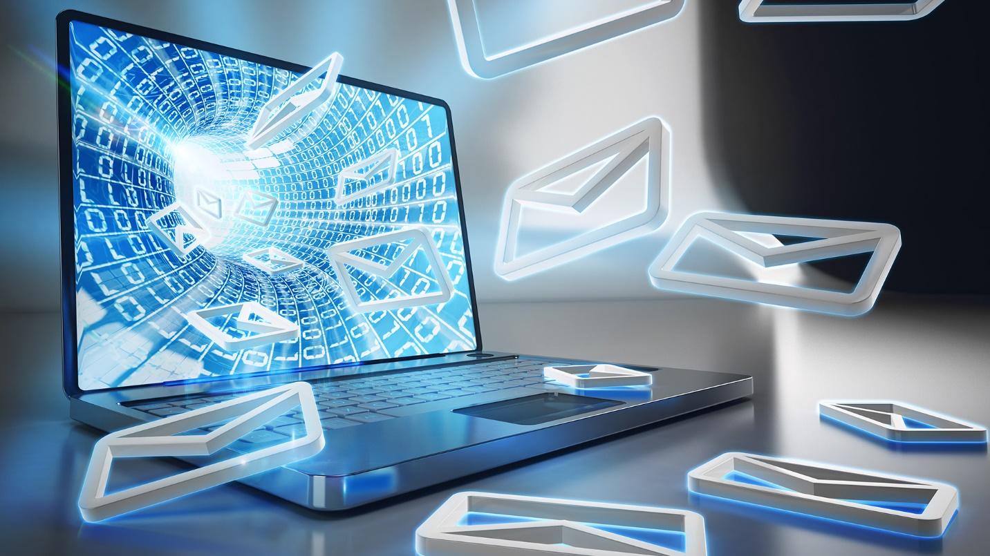 Letter icons fly from the screen of a laptop computer in a section describing virtual mailboxes and virtual addresses.