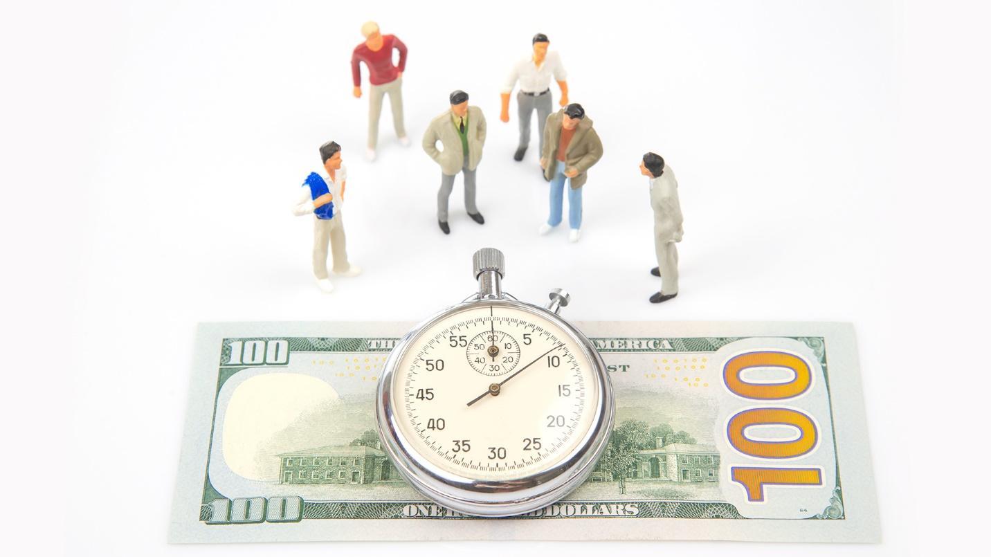 A small crowd gathers around a stopwatch resting on a $100 bill in a section about the simplicity, savings, security, and professionalism benefits of a virtual mailbox.