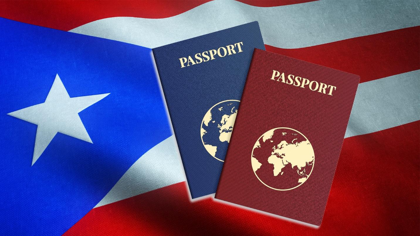 Two passports against a Puerto Rican flag background in a section previewing a guide to passports in Puerto Rico.