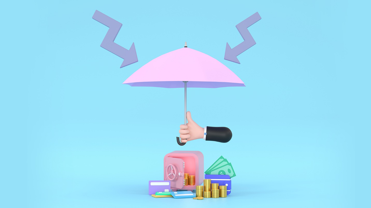 A hand holds an umbrella over a safe and a pile of cash in a section about how disaster recovery funds are improving Puerto Rico’s ability to respond to natural disasters.