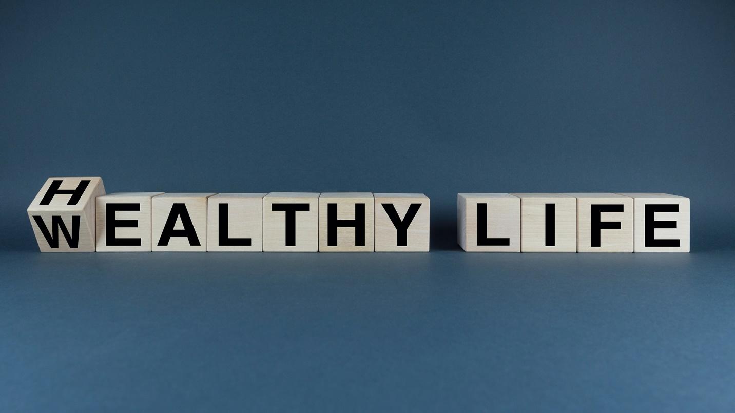 Wooden blocks spell out the words “healthy life” and “wealthy life” in a section describing the quality of life benefits that come with living on the island.
