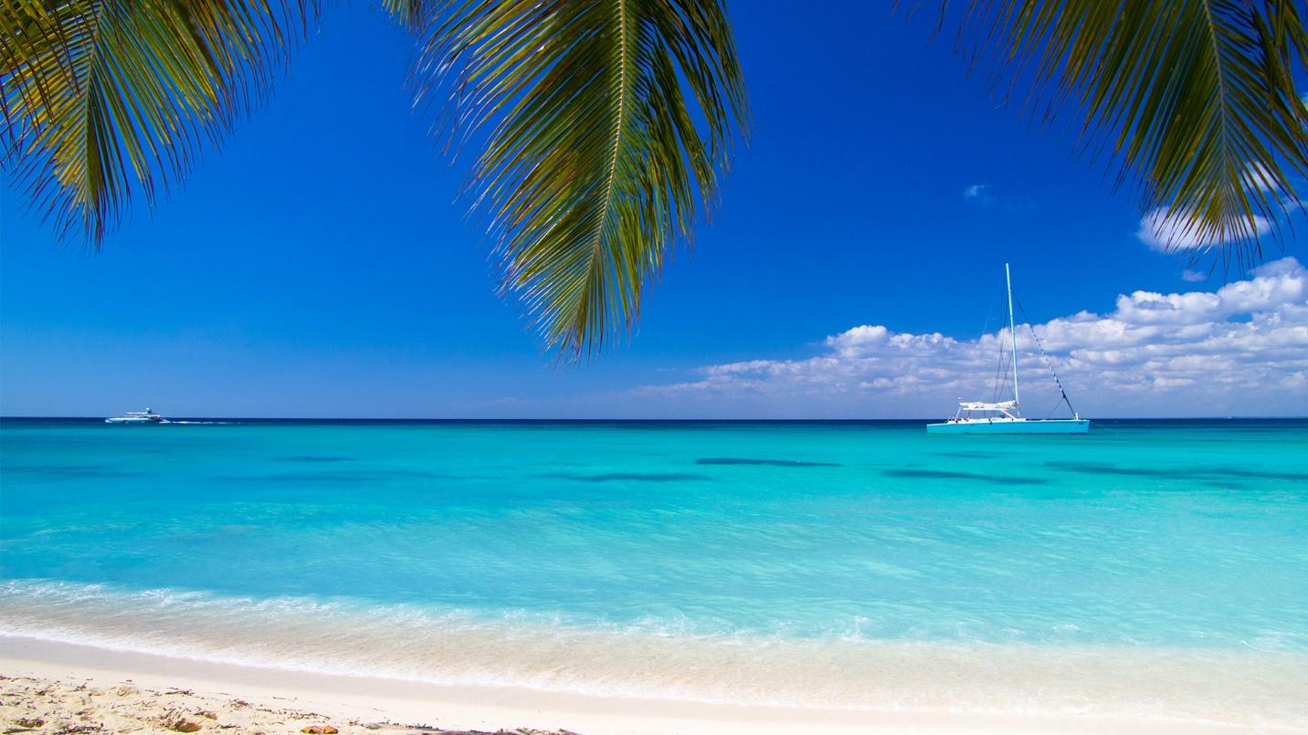 A white sand beach and palm trees face two boats sailing on aqua blue water in a section about sightseeing on Vieques Island.