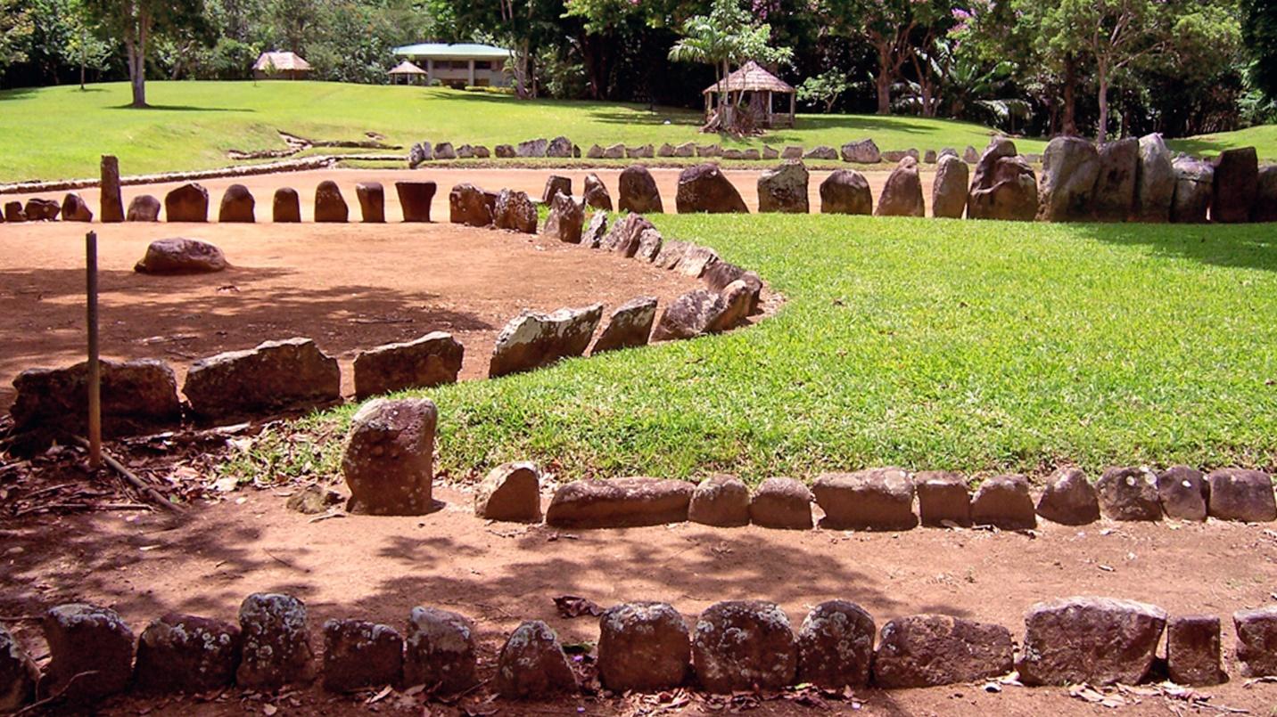 Stone-lined Taino ball courts and grass in a section describing Caguana Indigenous Ceremonial Park in Puerto Rico’s interior.