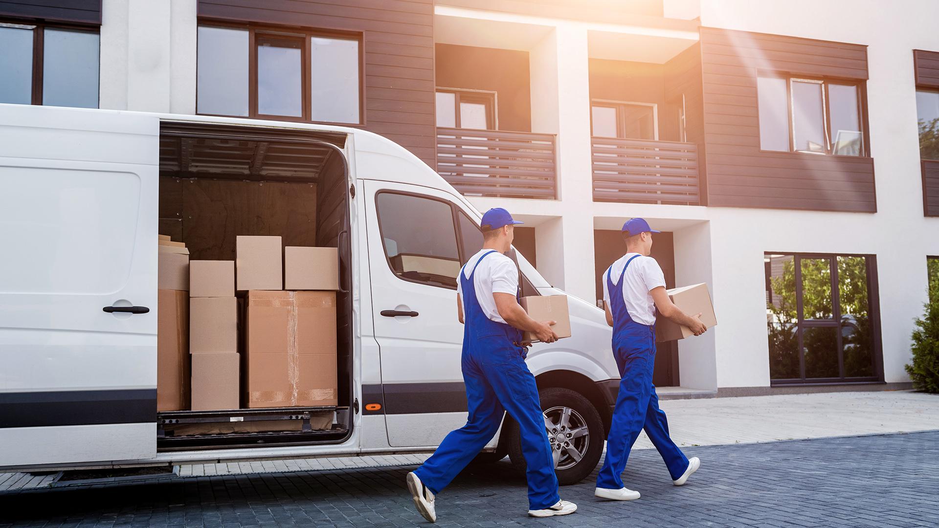 Two movers dressed in blue and white carry boxes from a white van to an apartment building.