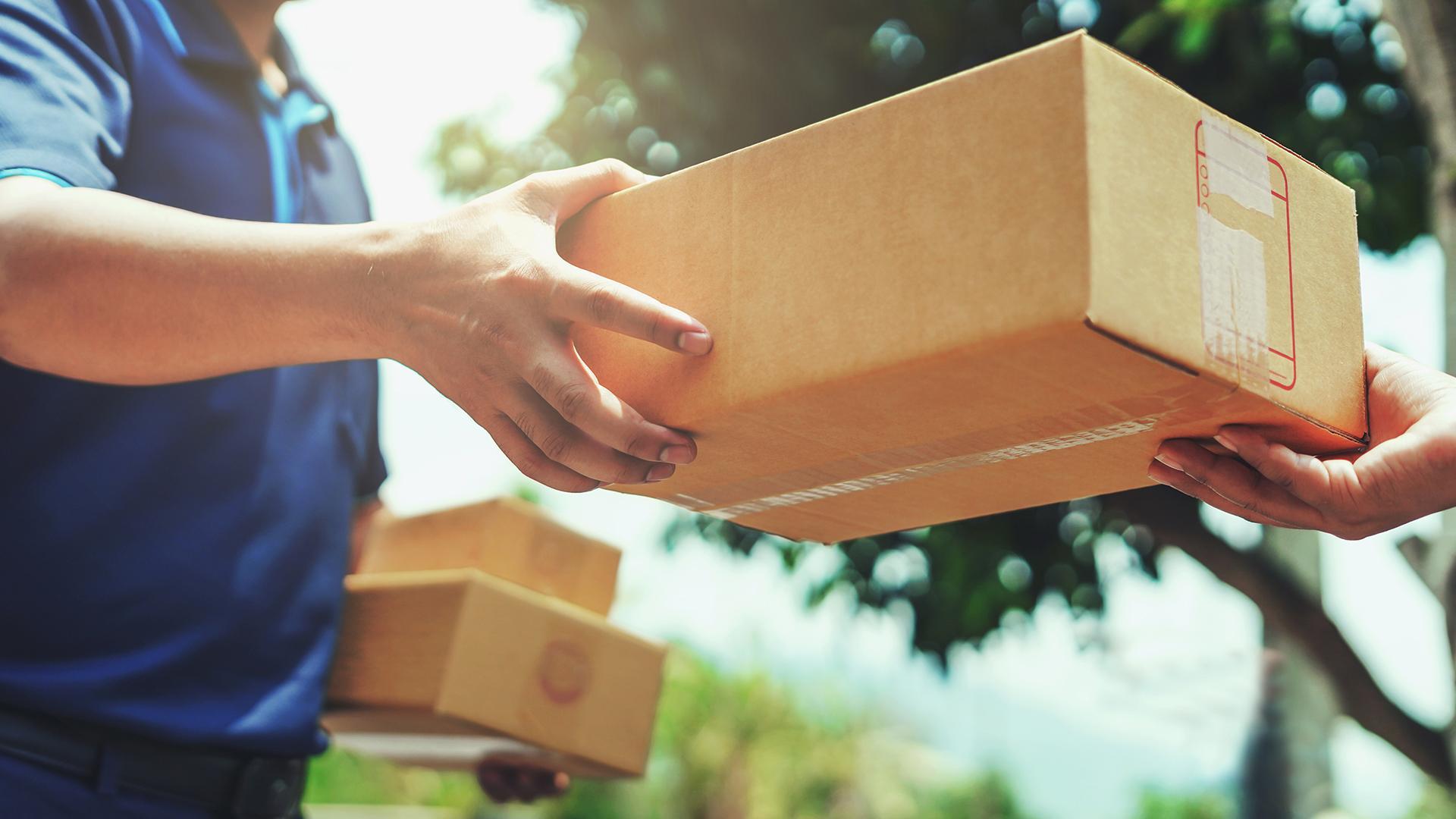 A mail carrier wearing a blue shirt hands a cardboard package to a recipient, with trees in the background.