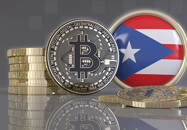 Golden coins display Bitcoin symbols and the flag of Puerto Rico at the beginning of an article on NFTs and how to treat capital gains in Puerto Rico.