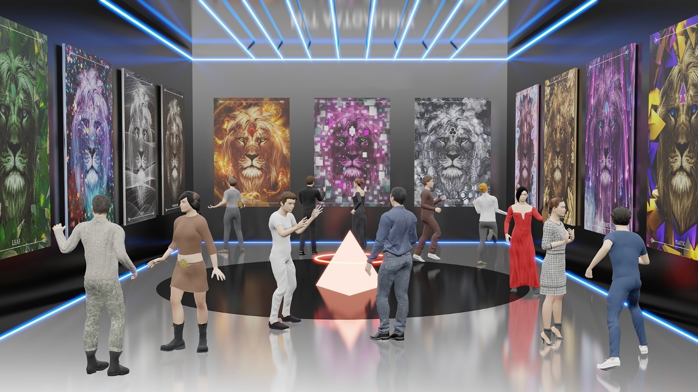 People gather in a gallery displaying lion-themed artwork on the walls and a small white pyramid on the floor in a section defining NFTs.