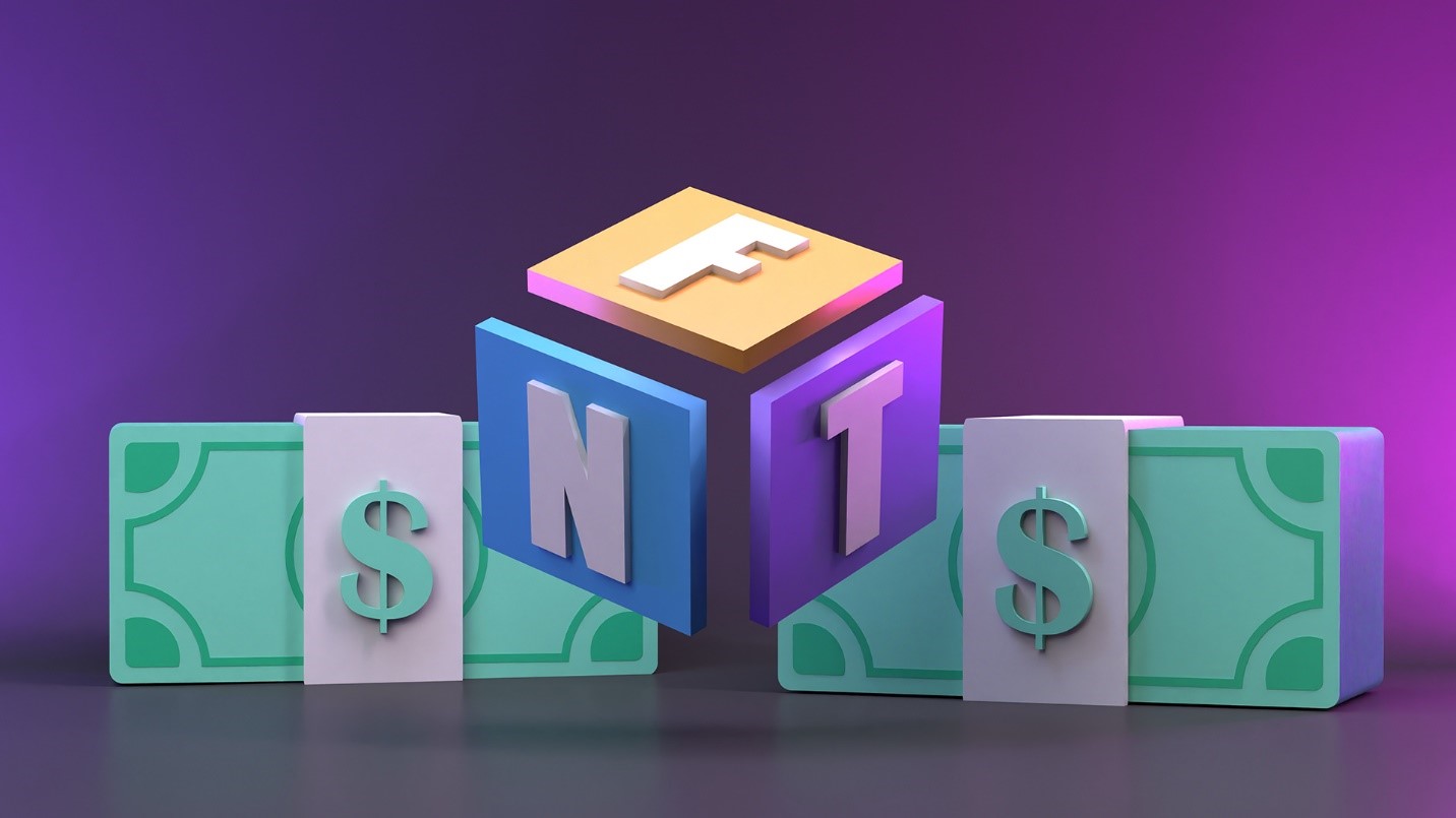 Digital representations of wads of cash and three tiles depicting the letters N, F, and T against a purple background in a section describing capital gains associated with buying and selling NFTs.