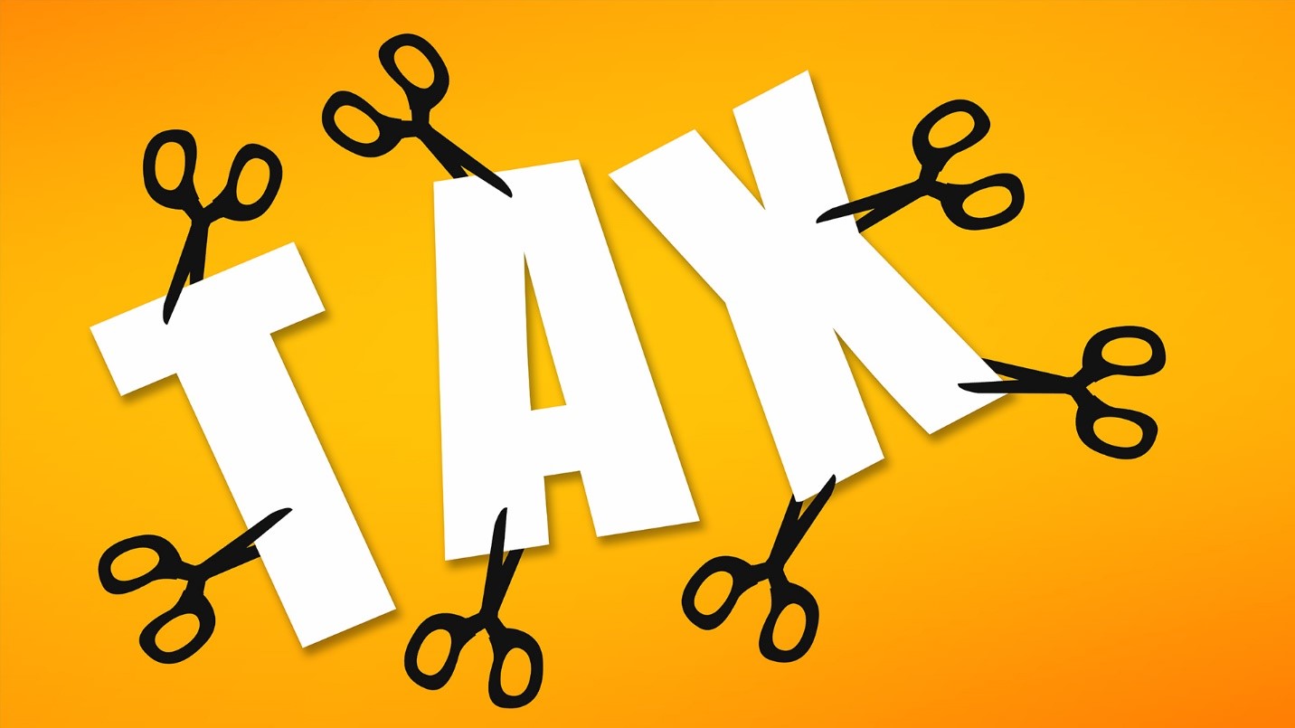 Seven black scissors cut at giant white paper letters that spell out “TAX” in a section that explains how PRelocate can help readers save on their taxes by moving to the island.