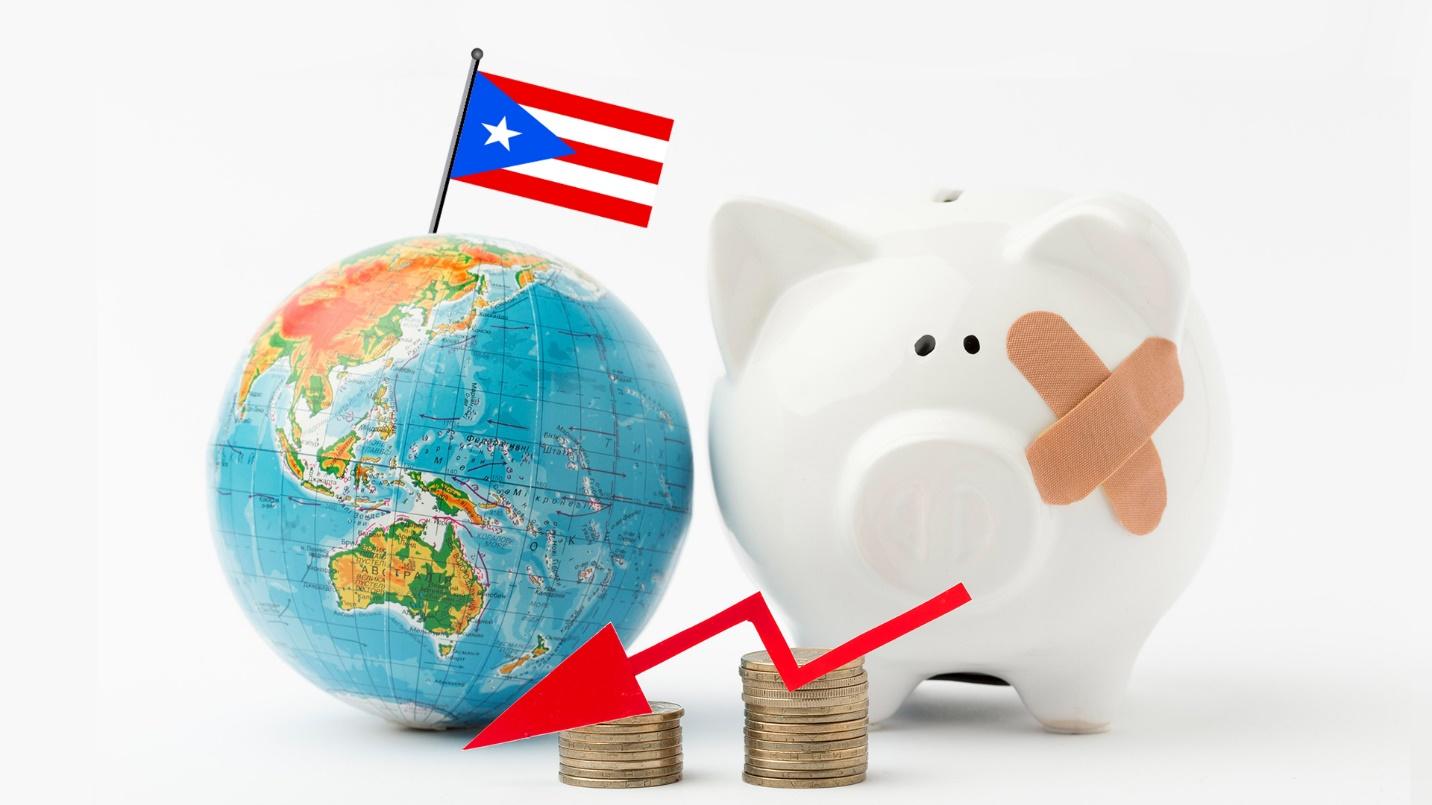 A world globe topped with a Puerto Rican flag beside a white piggy bank and stacks of coins in a section previewing how to save your money from inflation by moving to Puerto Rico.