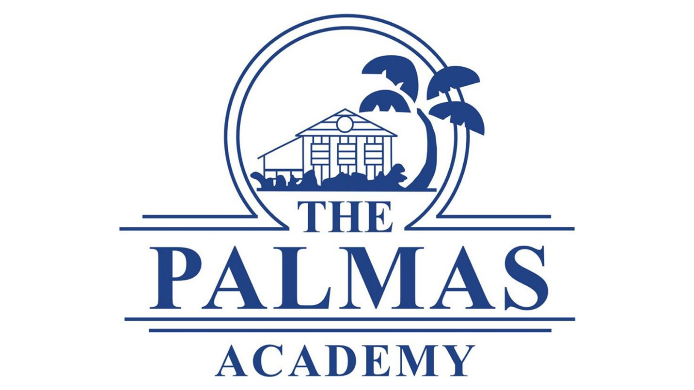 The blue logo for The Palmas Academy shows a building beside a palm tree, with both inside a circle positioned above the academy’s name. 