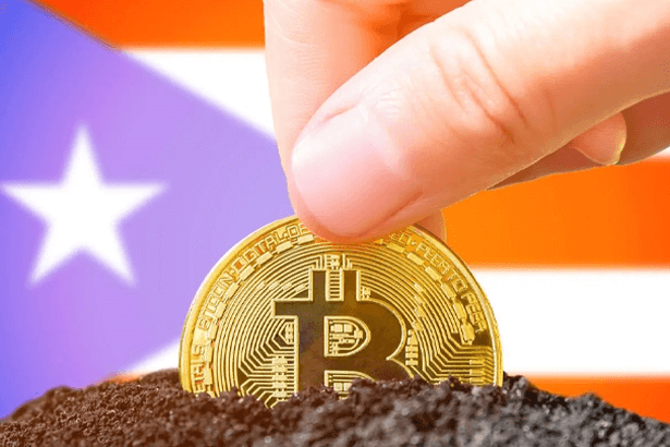 A hand holds a golden bitcoin with the Puerto Rican flag in the background in a section previewing how crypto investors can save on taxes in Puerto Rico.