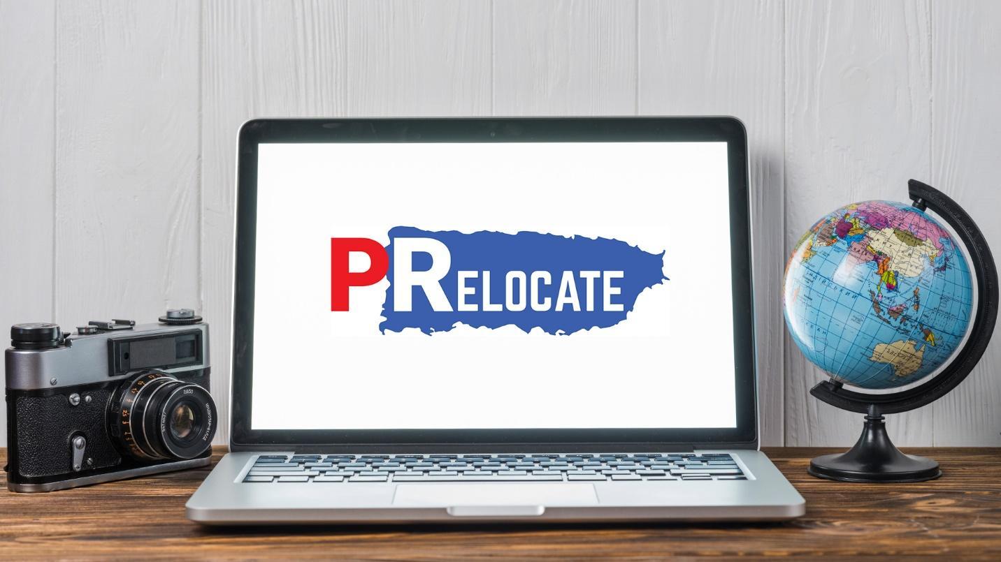 A laptop computer displays the PRelocate logo on a desk that also holds a camera and globe in a section about how PRelocate can help prospective residents of Puerto Rico.