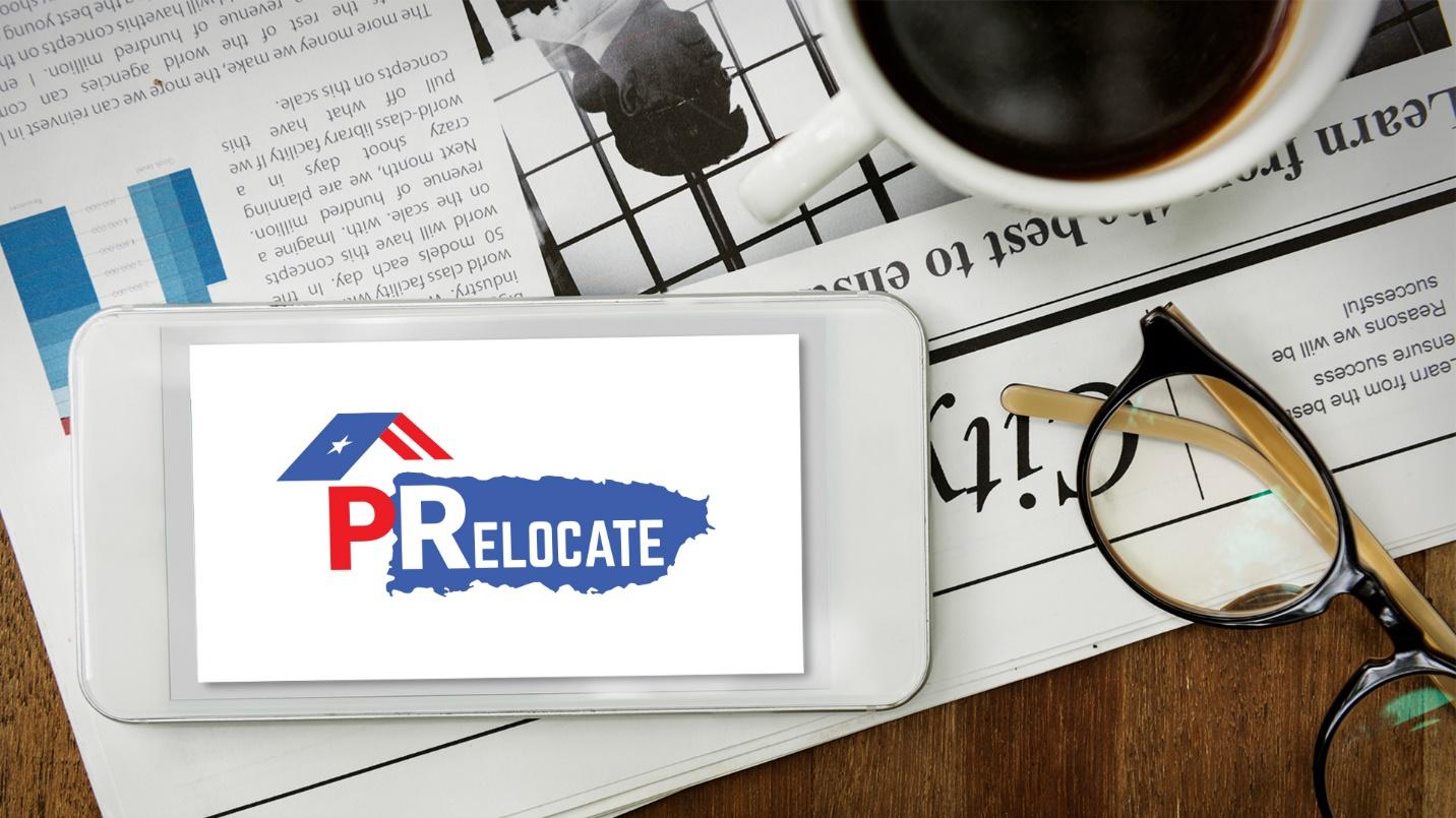 A smartphone displays the PRelocate logo surrounded by a newspaper, glasses, and cup of coffee, in a section about how PRelocate can help clients with their real estate needs. 