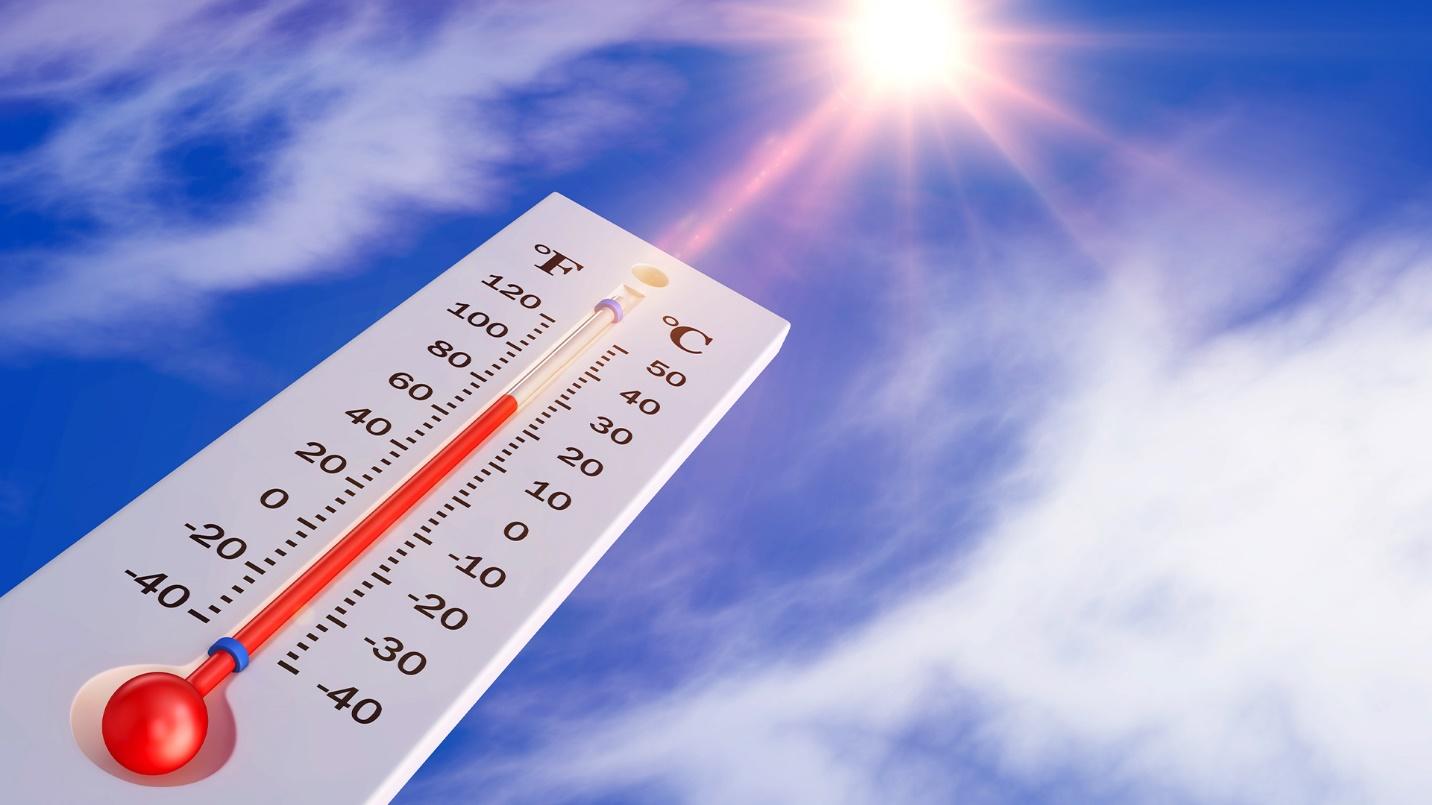 A thermometer that displays 80 degrees points to the sun and a cloudy blue sky in a section about the weather in Miramar.