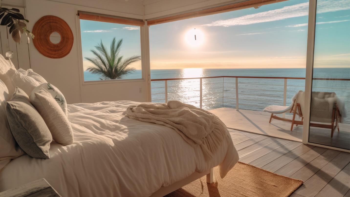 A bedroom and balcony look out to the sea, a palm tree, and sun in a section about renting and buying property in Miramar.