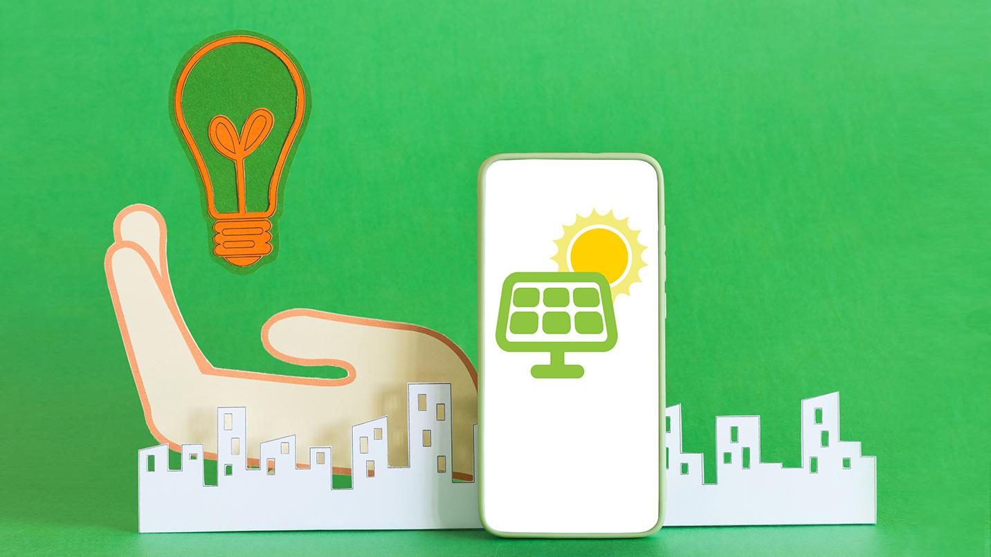 Illustration of a hand, a city skyline, and a smartphone displaying a solar energy symbol, representing Puerto Rico’s commitment to clean energy and PRelocate’s help.