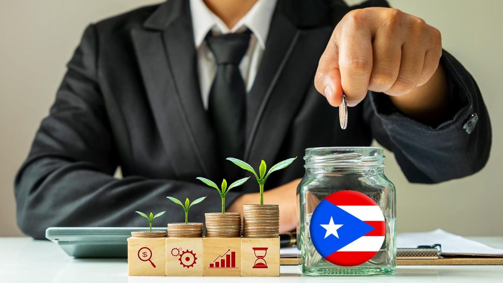 Business professional placing a coin into a glass jar with the Puerto Rico flag, next to stacked coins sprouting plants, symbolizing Act 60 wealth management, tax savings, and investment growth on the island.